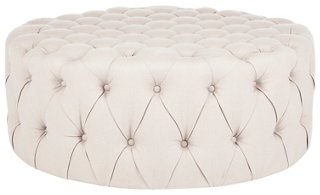 Velvet Tufted Ottoman - Come be inspired by Get the Look: Warm White Living Room Design With Unfussy Sophisticated Style...certainly soothing indeed.