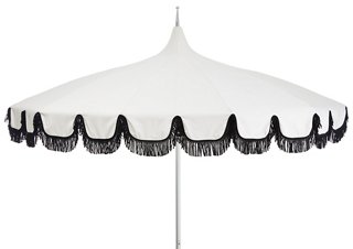 One Kings Lane Outdoor Aya Pagoda Fringe Patio Umbrella White Black One Kings Lane