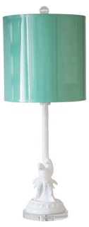 Parrot palm lamp with aqua shade and white stand and base featuring parrots.