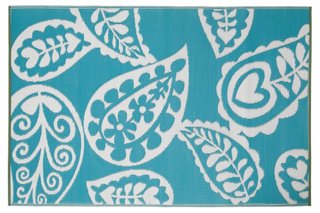 Paisley Outdoor Rug, Turquoise/White