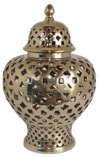 19" Covered Temple Jar, Gold