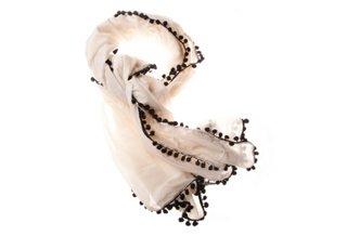 Pom Pom Solid Scarf, Cream & Indigo