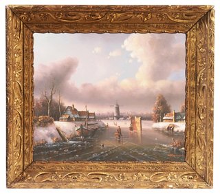 Mcnaught Fine Art Landscape W Ice Skaters And Windmill One